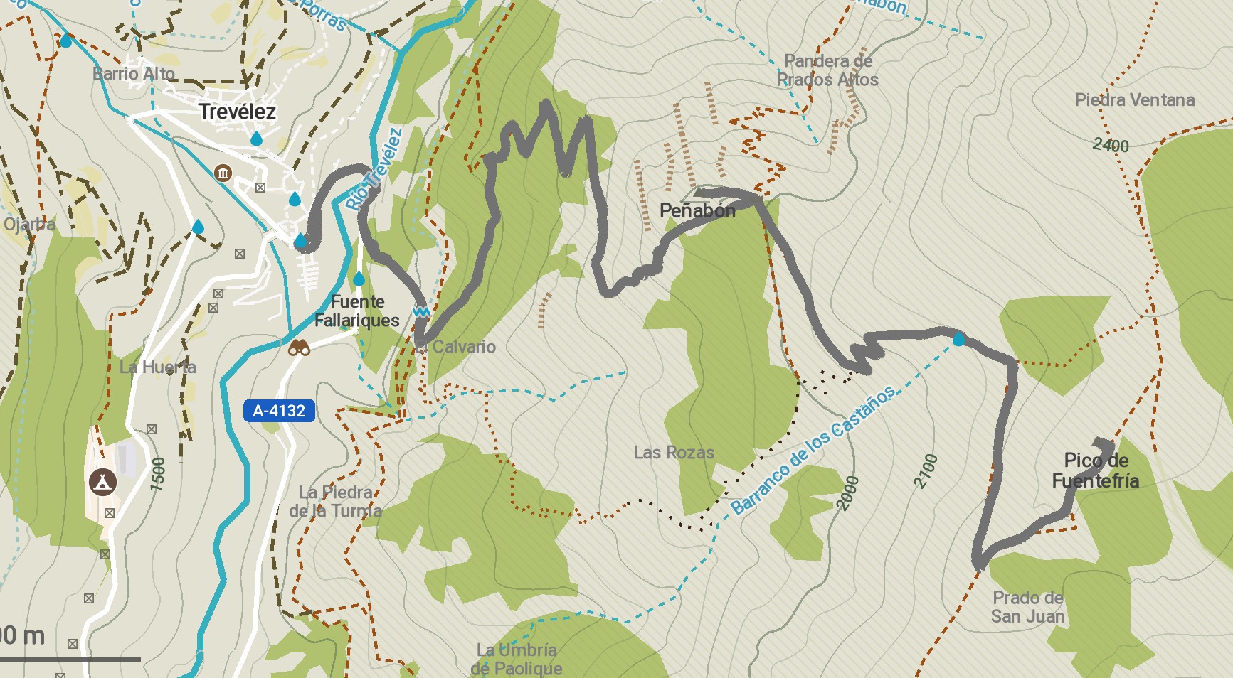 Map of the hike from Treveléz to Pico de Fuentefria